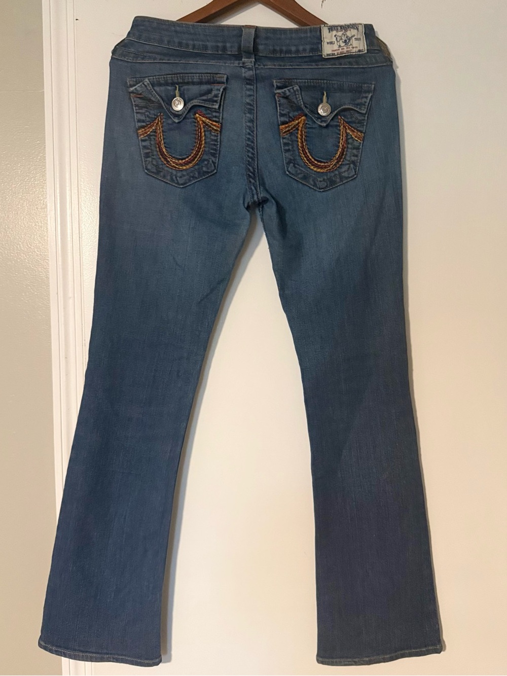 True Religion Women's Blue Flare Jeans with Signature Pocket Stitching